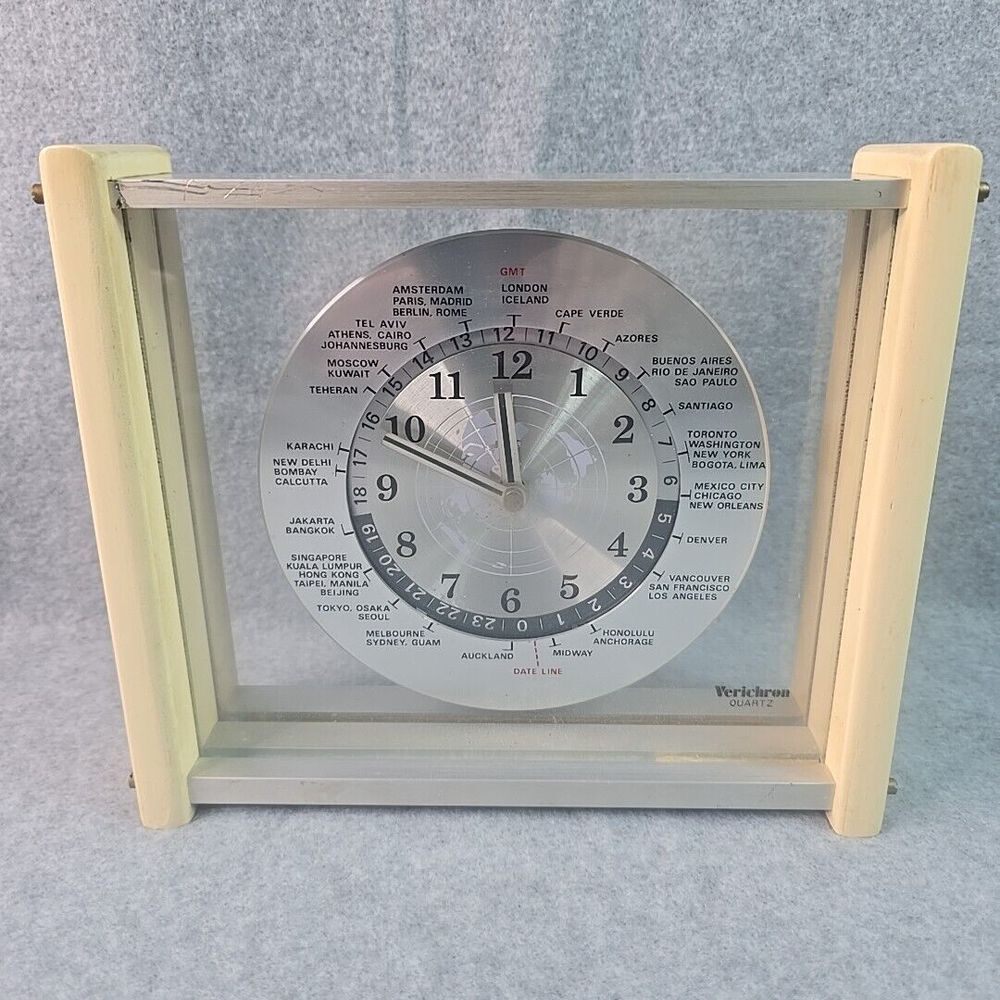 Vintage Verichron GMT World Time Quartz Mantel Clock Glass‎ Wood Metal MCM